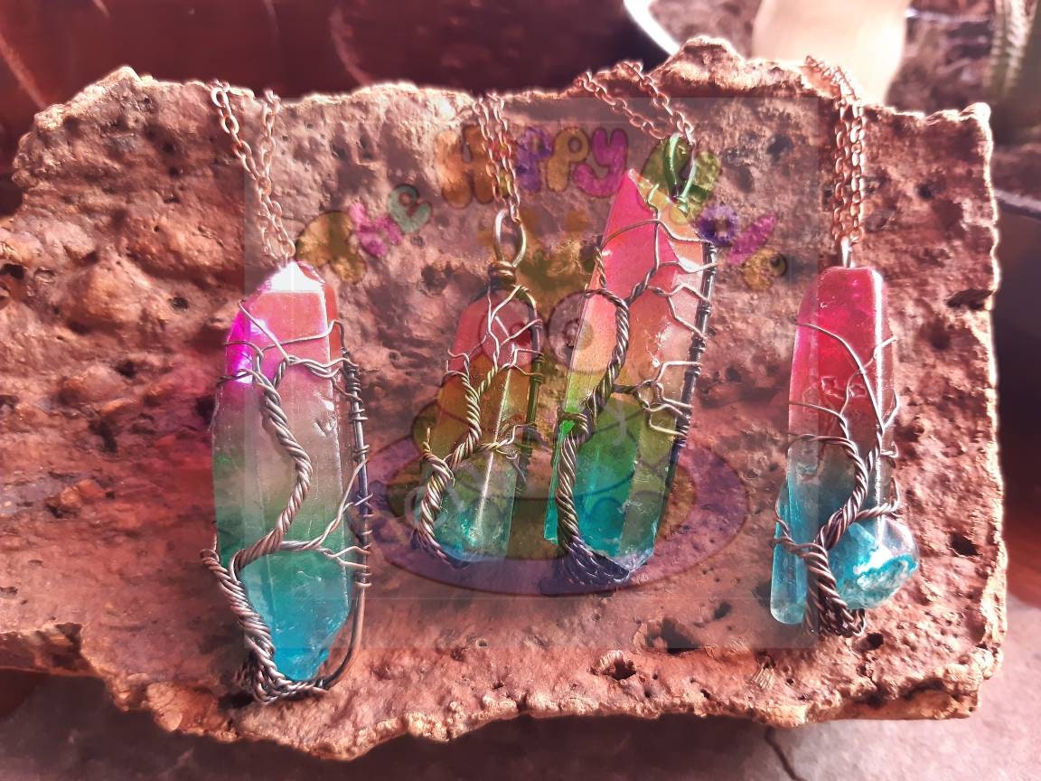 Crystal wire wrapped tree of life necklace healing stone RAINBOW QUARTZ reiki chakra protection gemstone