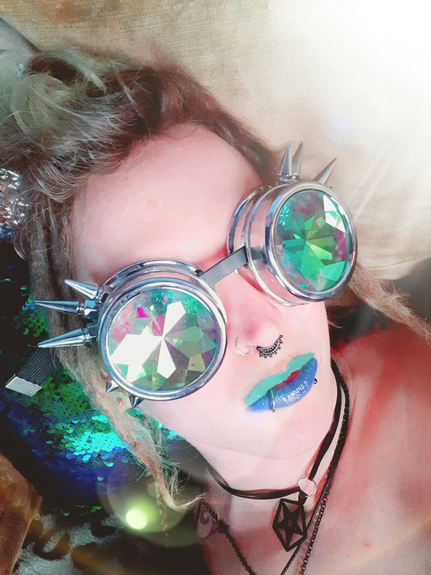 Kaleidoscope Rainbow Vision Trippy Festival Rave steampunk Goggles silver spikes