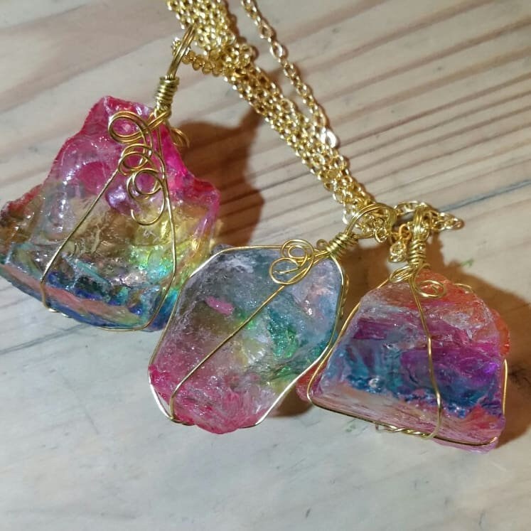 Crystal wire wrapped necklace healing stone RAINBOW QUARTZ reiki chakra protection gemstone