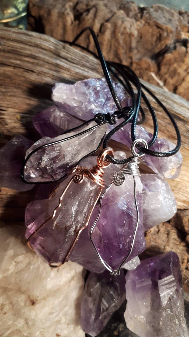 Raw Crystal wire wrapped necklace healing stone AMETHYST reiki chakra protection gemstone