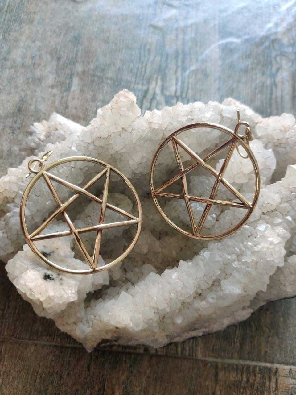 Large silver gold pentagram 3D drop earrings