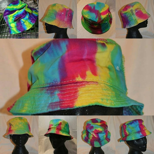 Handmade Tie Dye Bucket Rave Hat Rainbow Multi Colour Festival