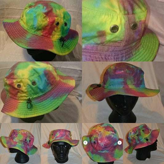 Handmade Tie Dye wide brim bucket fishing Rave Hat Rainbow Multi Colour Festival