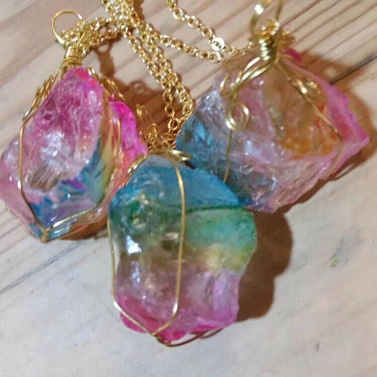 Crystal wire wrapped necklace healing stone RAINBOW QUARTZ reiki chakra protection gemstone