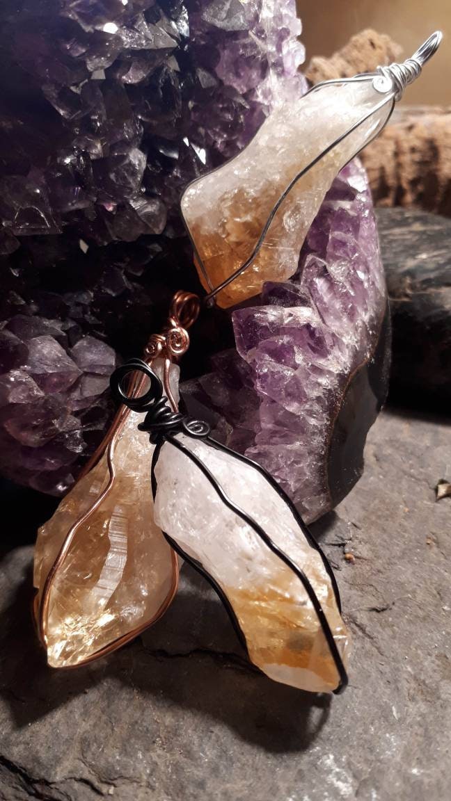 Raw Crystal wire wrapped necklace healing stone CITRINE reiki chakra protection gemstone