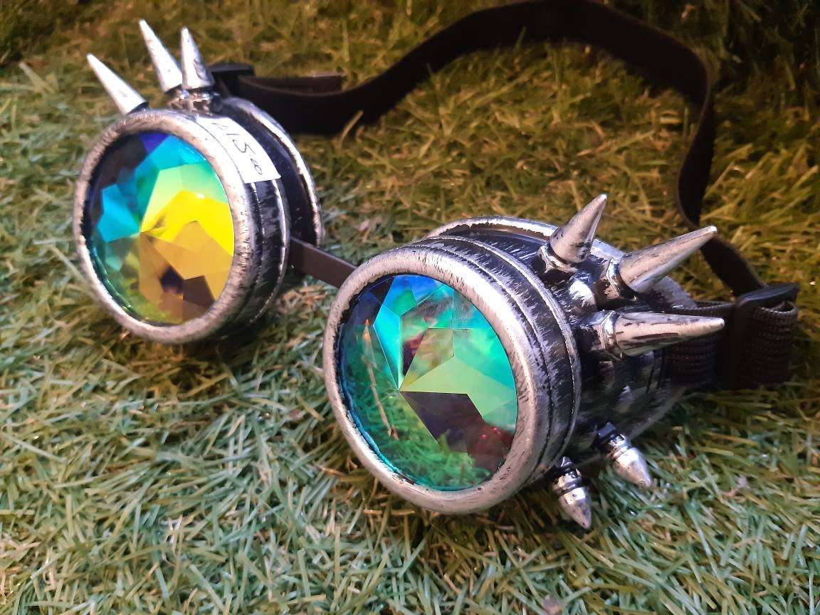 Kaleidoscope Rainbow Vision Trippy Festival Rave steampunk Goggles antique silver spikes