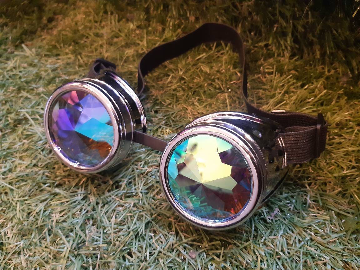 Kaleidoscope Rainbow Vision Trippy Festival Rave steampunk Goggles shiny silver