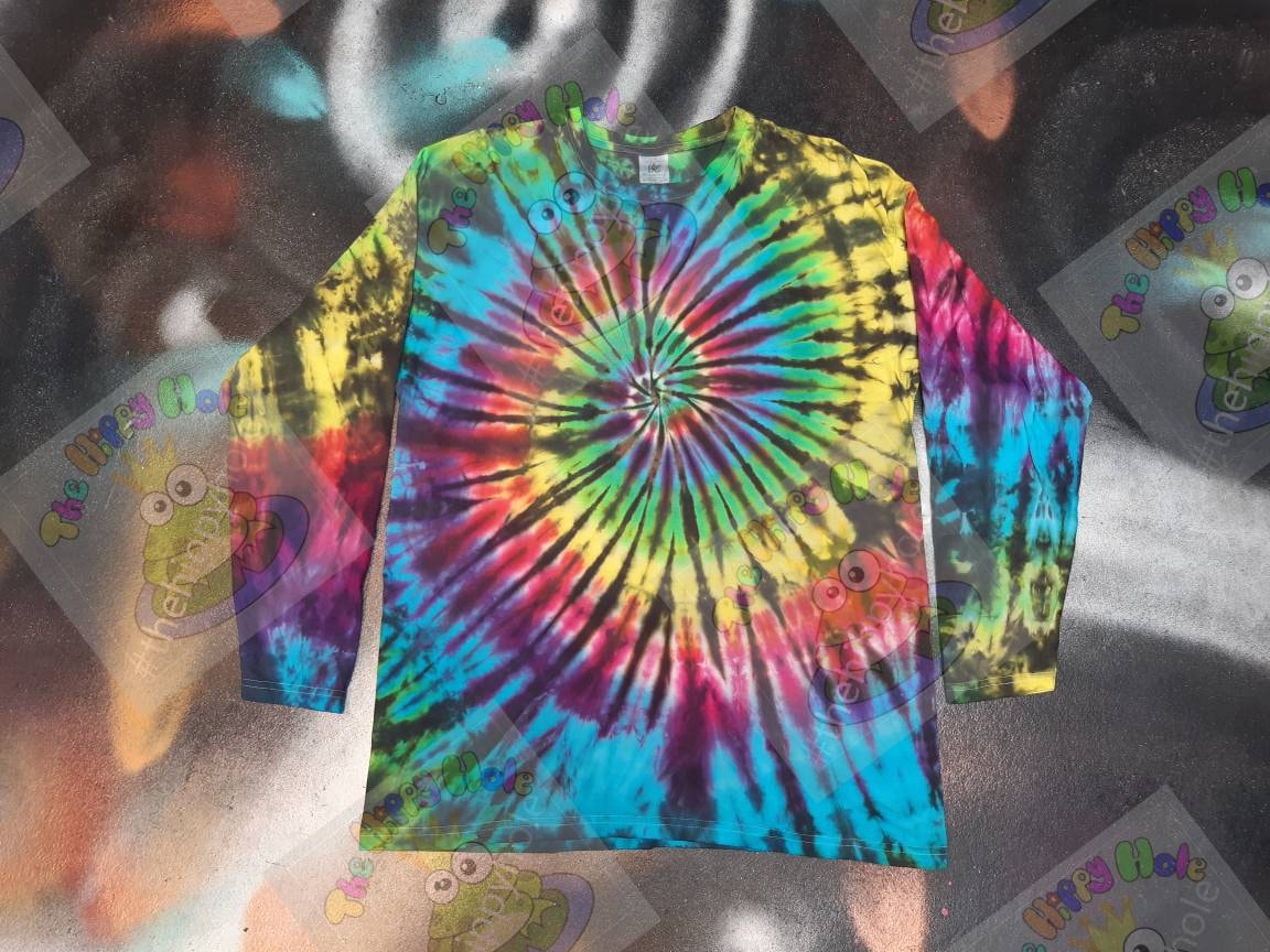 Tie Dye dark black rainbow Spiral swirl long sleeve T shirt UNISEX S-3XL