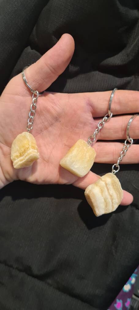 Raw crystal keyring healing stone rough yellow calcite reiki chakra protection gemstone