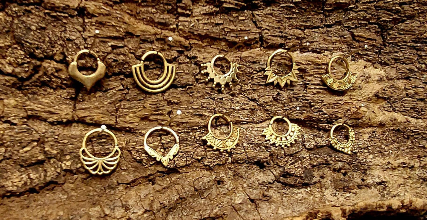 Ornate Indian Tribal brass gold Septum Ring Seamless nose Goa hippy