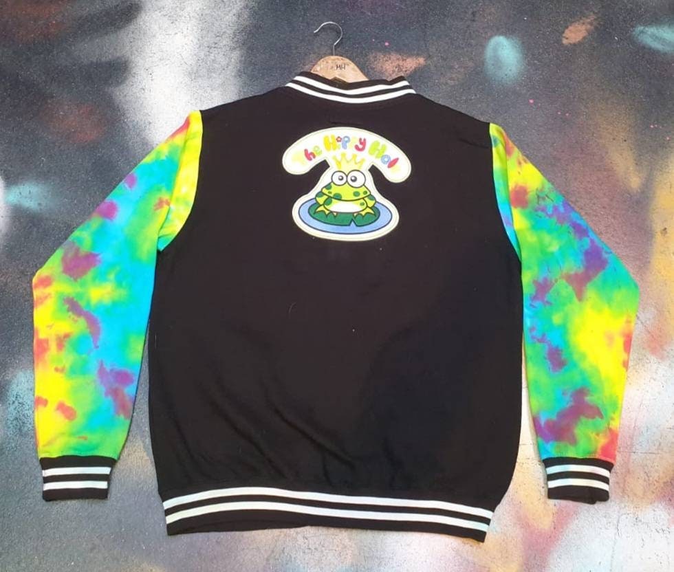 Tie Dye Hippy Hole trippy rainbow college style jock varsity jacket Handmade Frog Prince logo