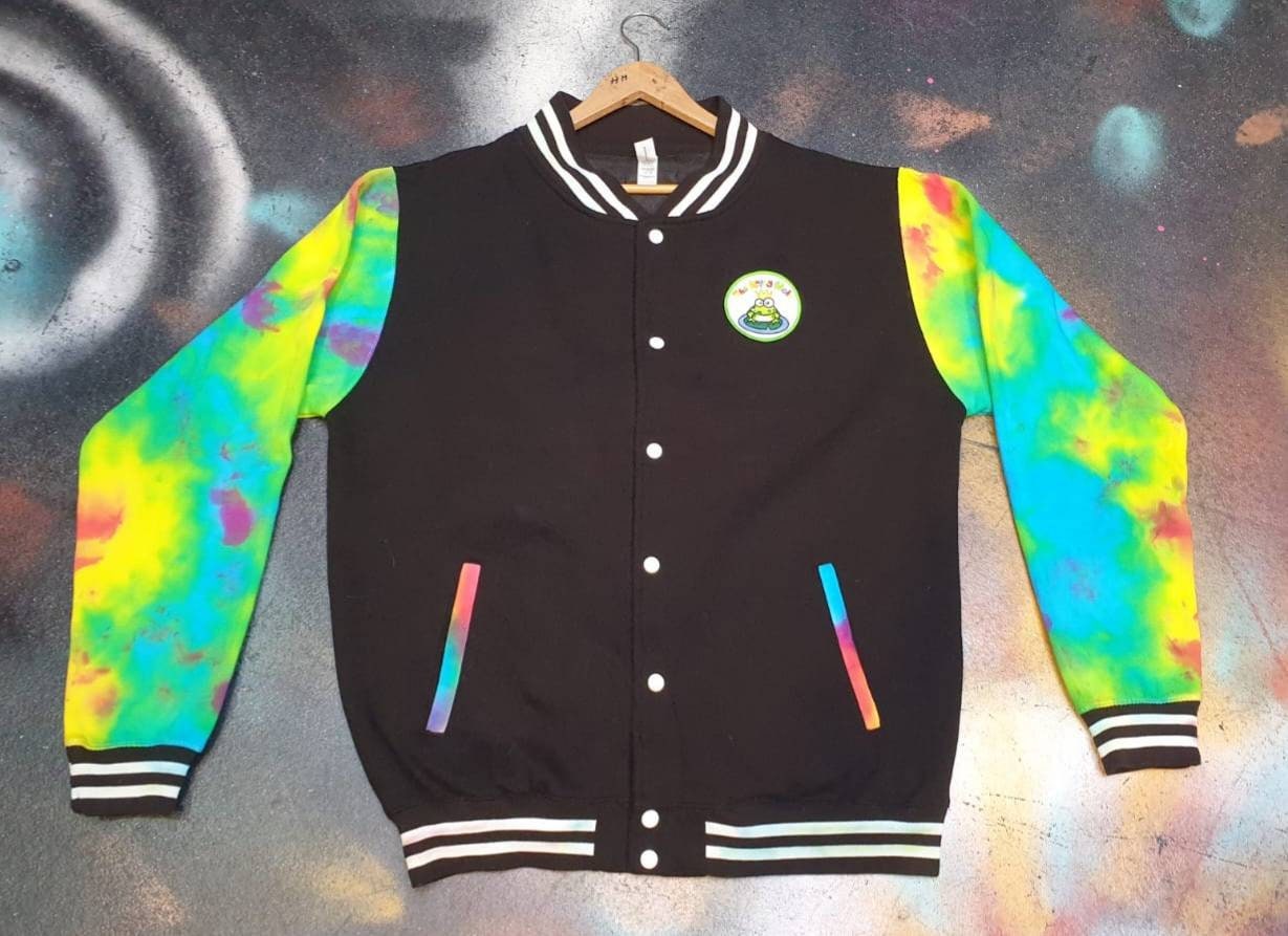 Tie Dye Hippy Hole trippy rainbow college style jock varsity jacket Handmade Frog Prince logo