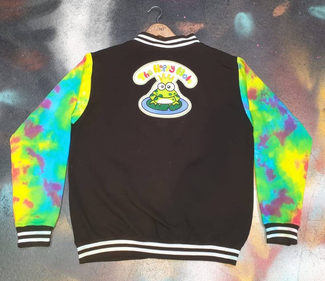 Tie Dye Hippy Hole trippy rainbow college style jock varsity jacket Handmade Frog Prince logo