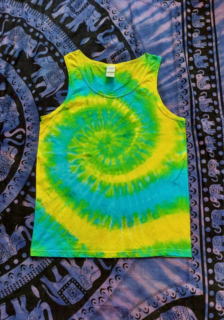 Blue Green Yellow spiral festival tie dye t shirt tank vest top men's summer size S-2XL