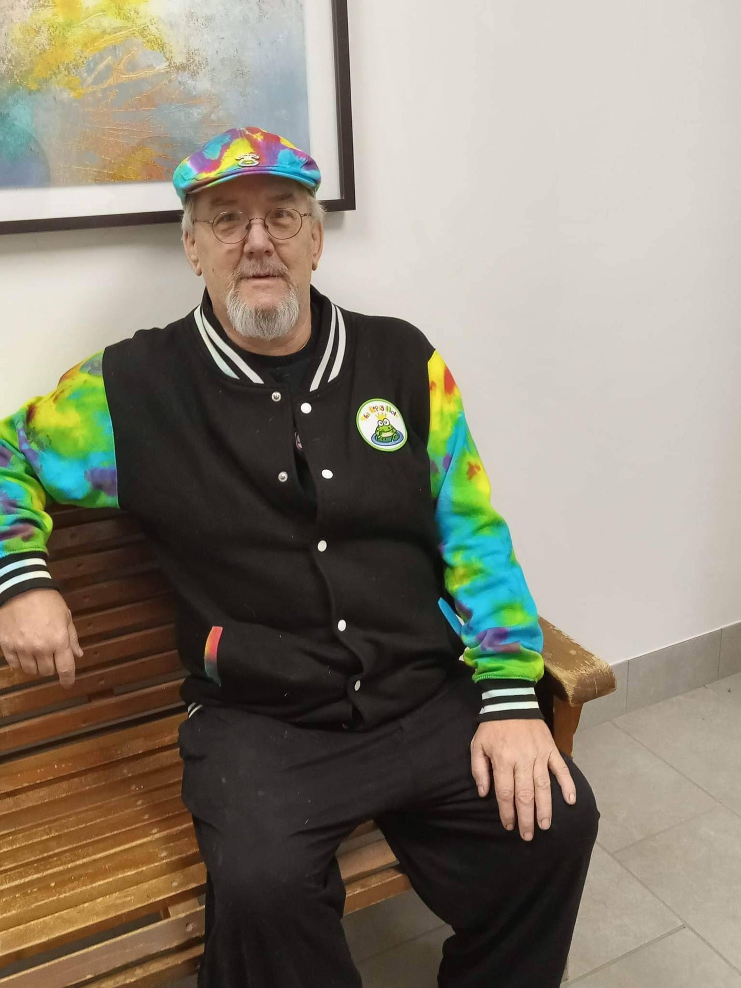 Tie Dye Hippy Hole trippy rainbow college style jock varsity jacket Handmade Frog Prince logo