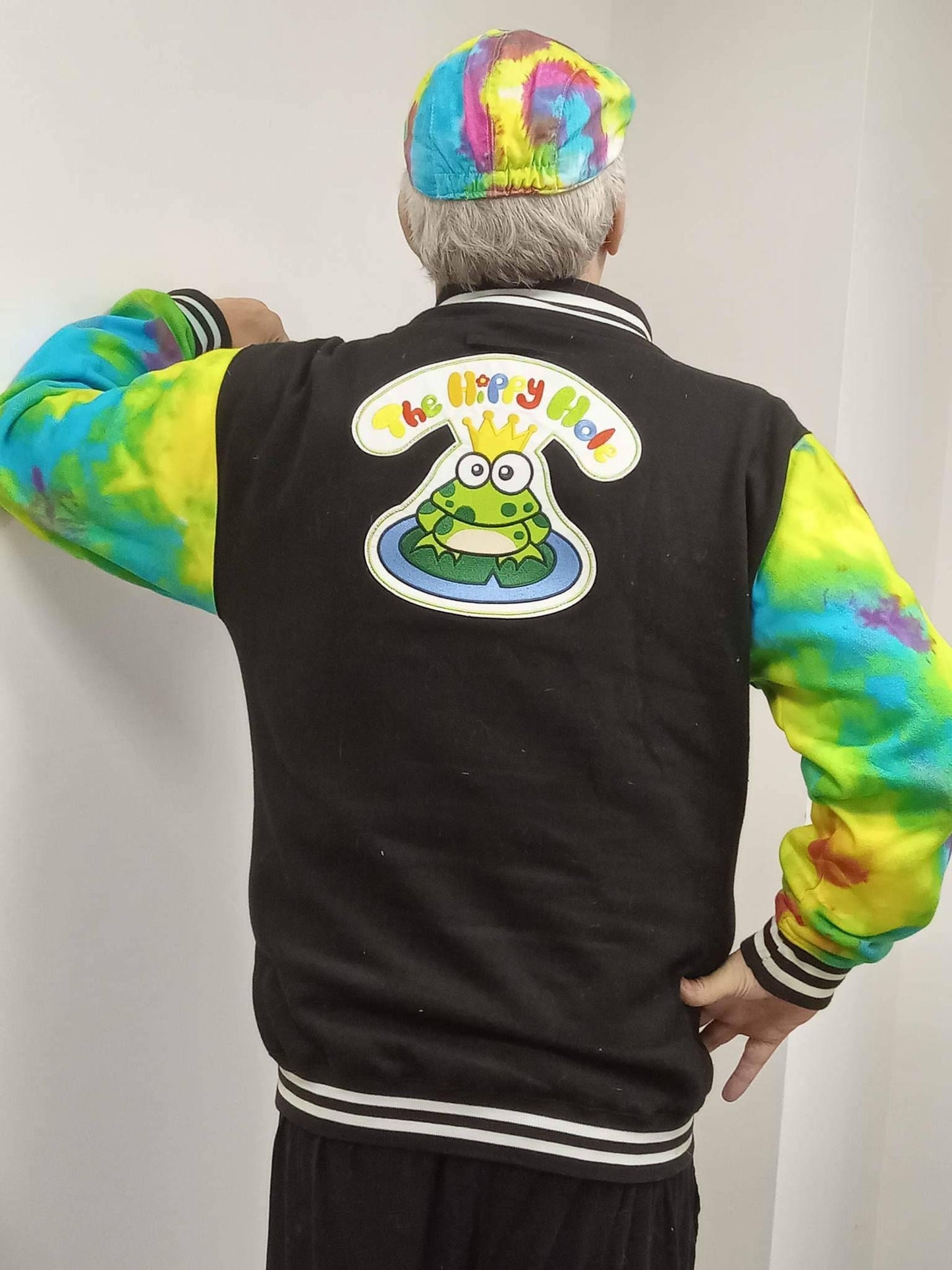 Tie Dye Hippy Hole trippy rainbow college style jock varsity jacket Handmade Frog Prince logo