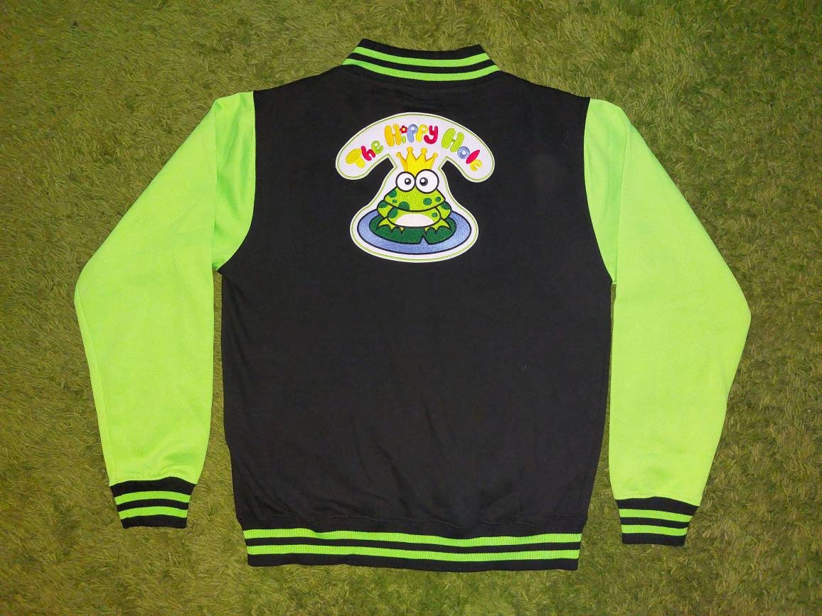 Tie Dye Hippy Hole green college style jock varsity jacket Handmade frog prince logo