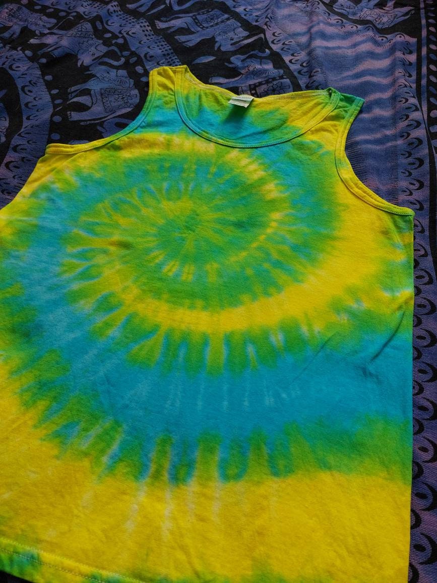 Blue Green Yellow spiral festival tie dye t shirt tank vest top men's summer size S-2XL