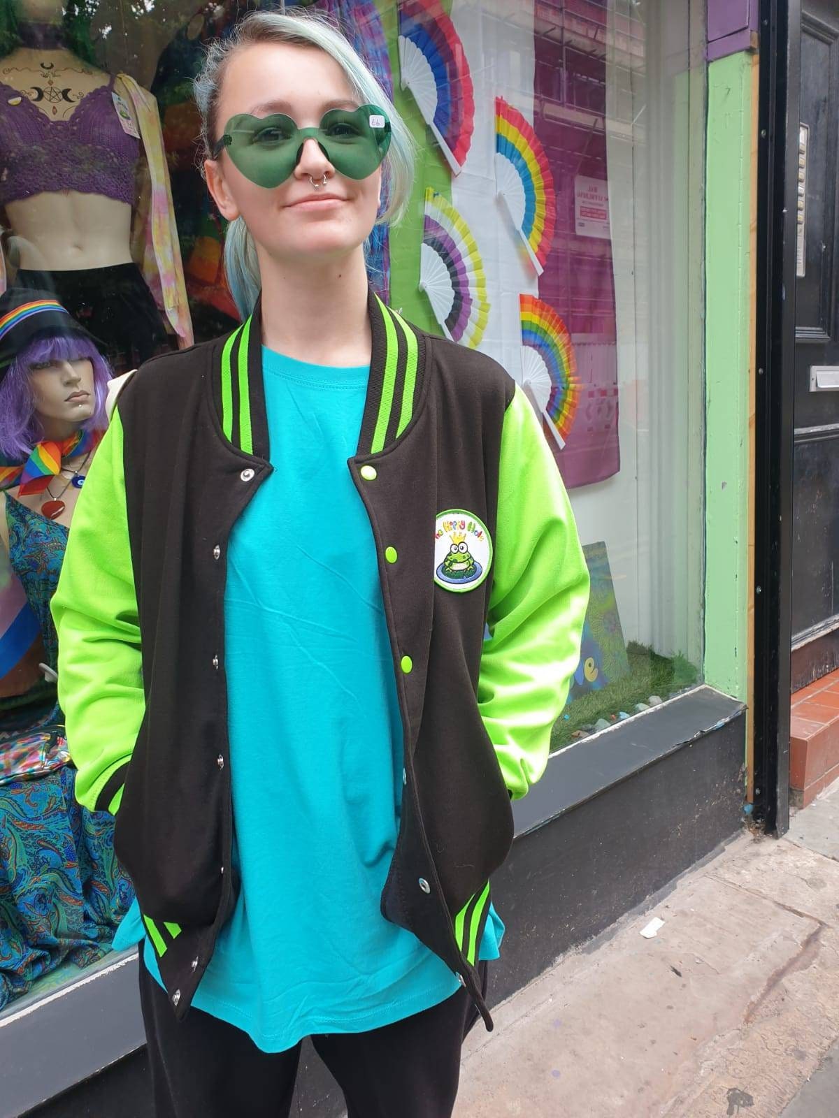 Tie Dye Hippy Hole green college style jock varsity jacket Handmade frog prince logo