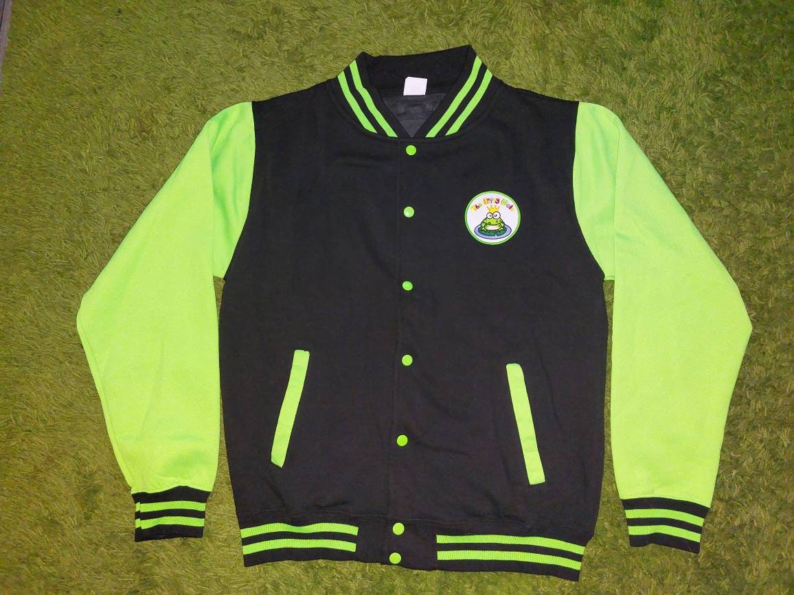 Tie Dye Hippy Hole green college style jock varsity jacket Handmade frog prince logo