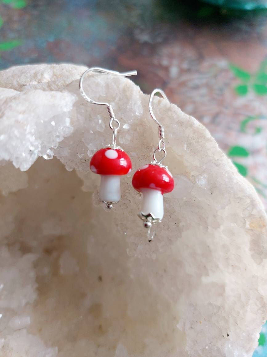 Glass magic mushroom sterling silver earrings