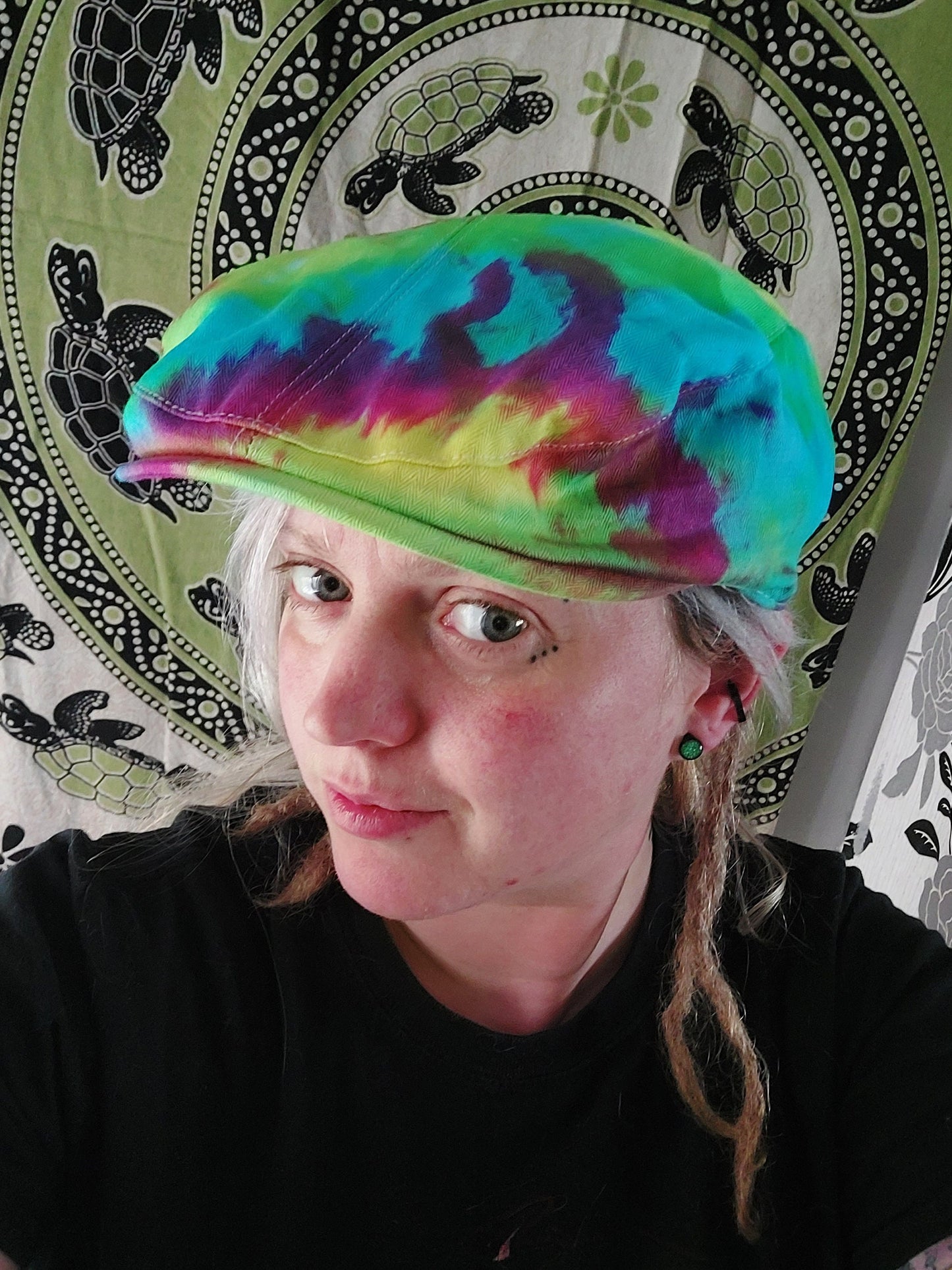 Handmade Tie Dye Flatcap Gatsby Newsboy Rave Hat pink blue Multi Colour Festival