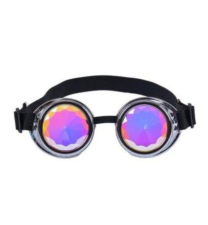 Kaleidoscope Rainbow Vision Trippy Festival Rave steampunk Goggles shiny silver