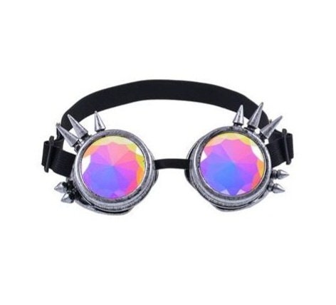 Kaleidoscope Rainbow Vision Trippy Festival Rave steampunk Goggles antique silver spikes