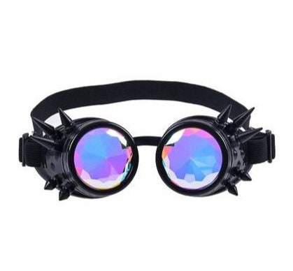 Kaleidoscope Rainbow Vision Trippy Festival Rave steampunk Goggles Black spikes