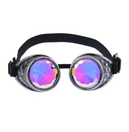 Kaleidoscope Rainbow Vision Trippy Festival Rave steampunk Goggles antique silver