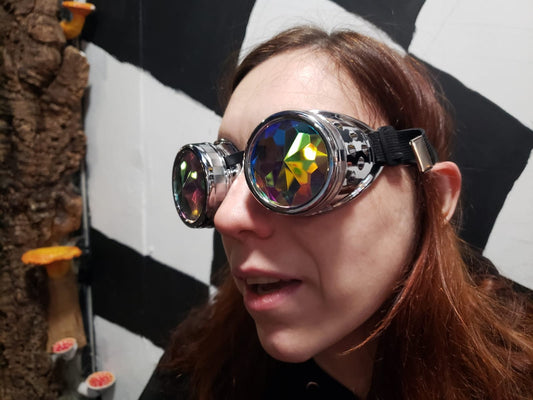 Kaleidoscope Rainbow Vision Trippy Festival Rave steampunk Goggles shiny silver