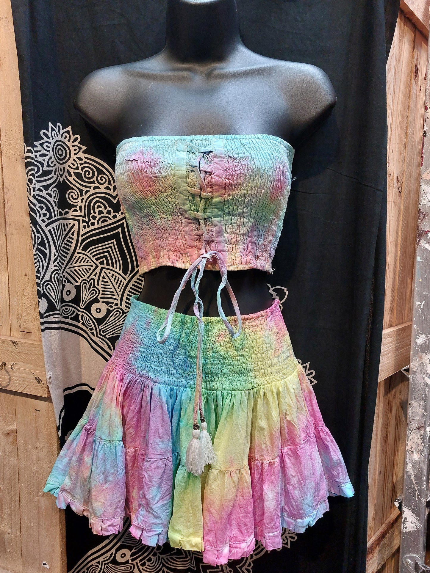 Tie Dye crop top and mini skirt set Boob tube belly top festival outfit