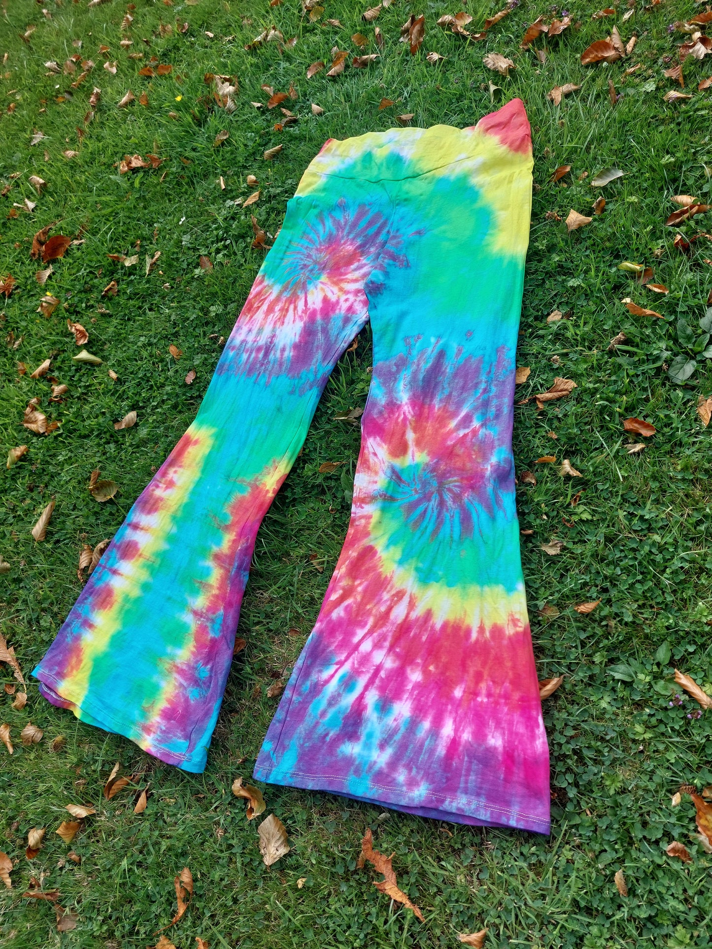 Tie Dye Psychedelic Handmade Hippy Flares Leggings Yoga pants Rainbow Spiral